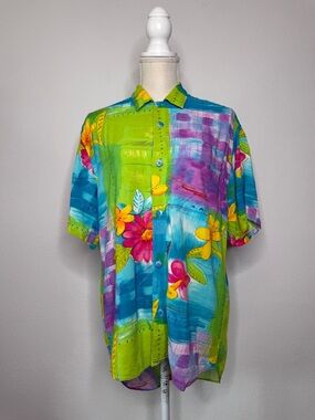 Jams World Vintage Floral Colorful Hawaiian Short Sleeve Button Down Size S
